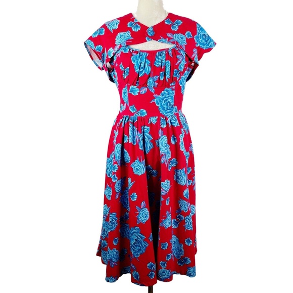 Pinup Couture Evelyn Cocktail Dress Large Red Blue Rose Floral Jacket Shrug 2pc - Picture 2 of 11